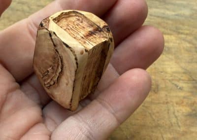 Buch aus Baumperle mit einer eingeschnitzten Feder