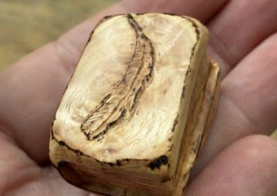 Buch aus Baumperle mit einer eingeschnitzten Feder